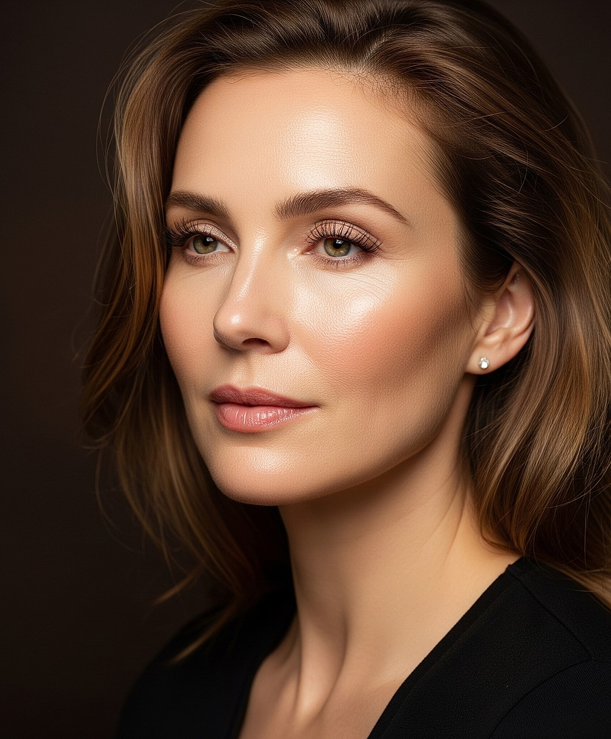 Close-up of a woman with soft makeup.