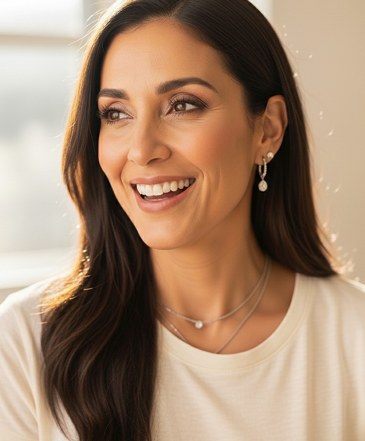 Close-up of a woman with soft makeup.