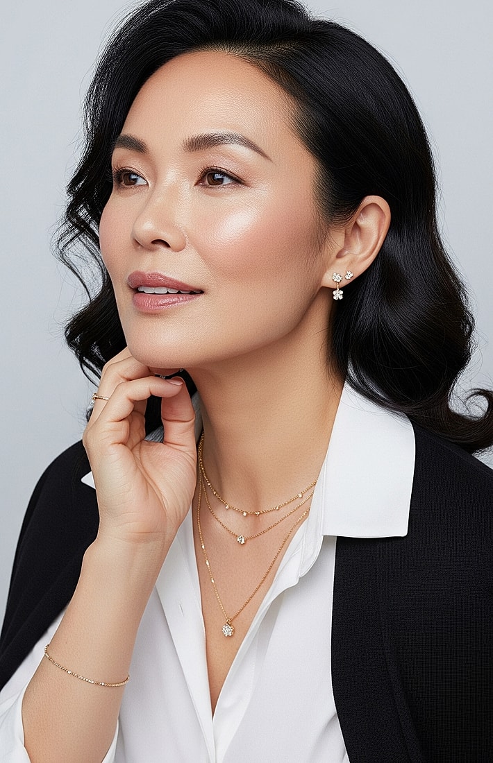 Woman showcasing elegant jewelry and hairstyle.