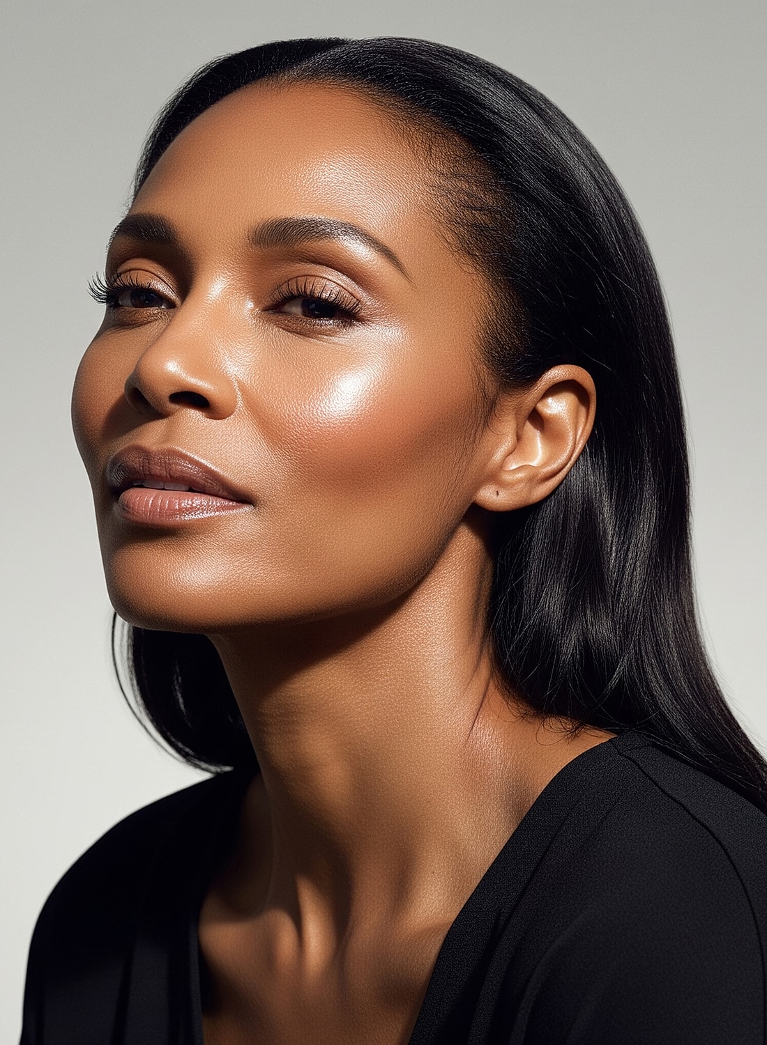 Woman with glowing skin and sleek hair.