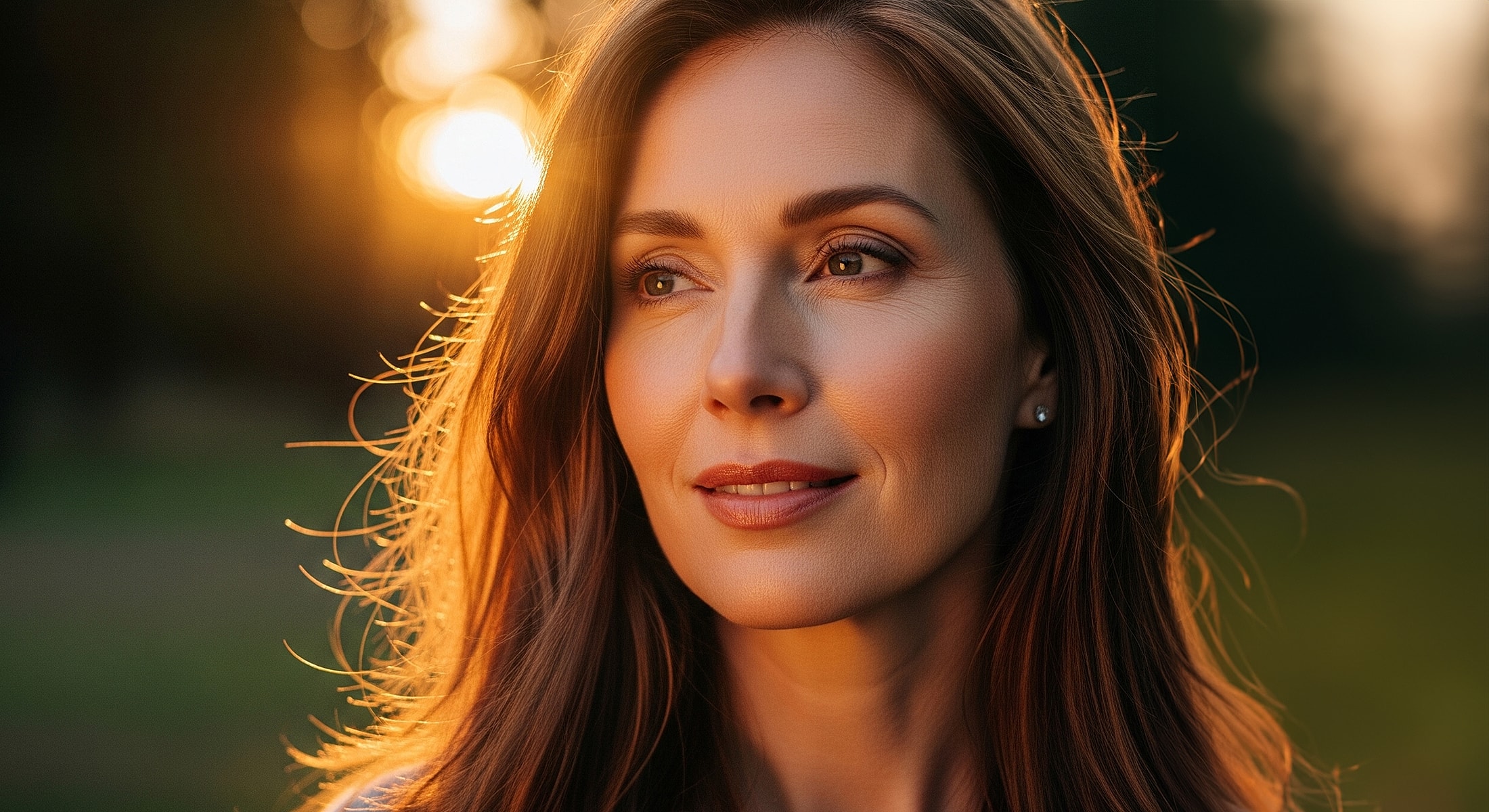 Woman smiling in soft sunset light.