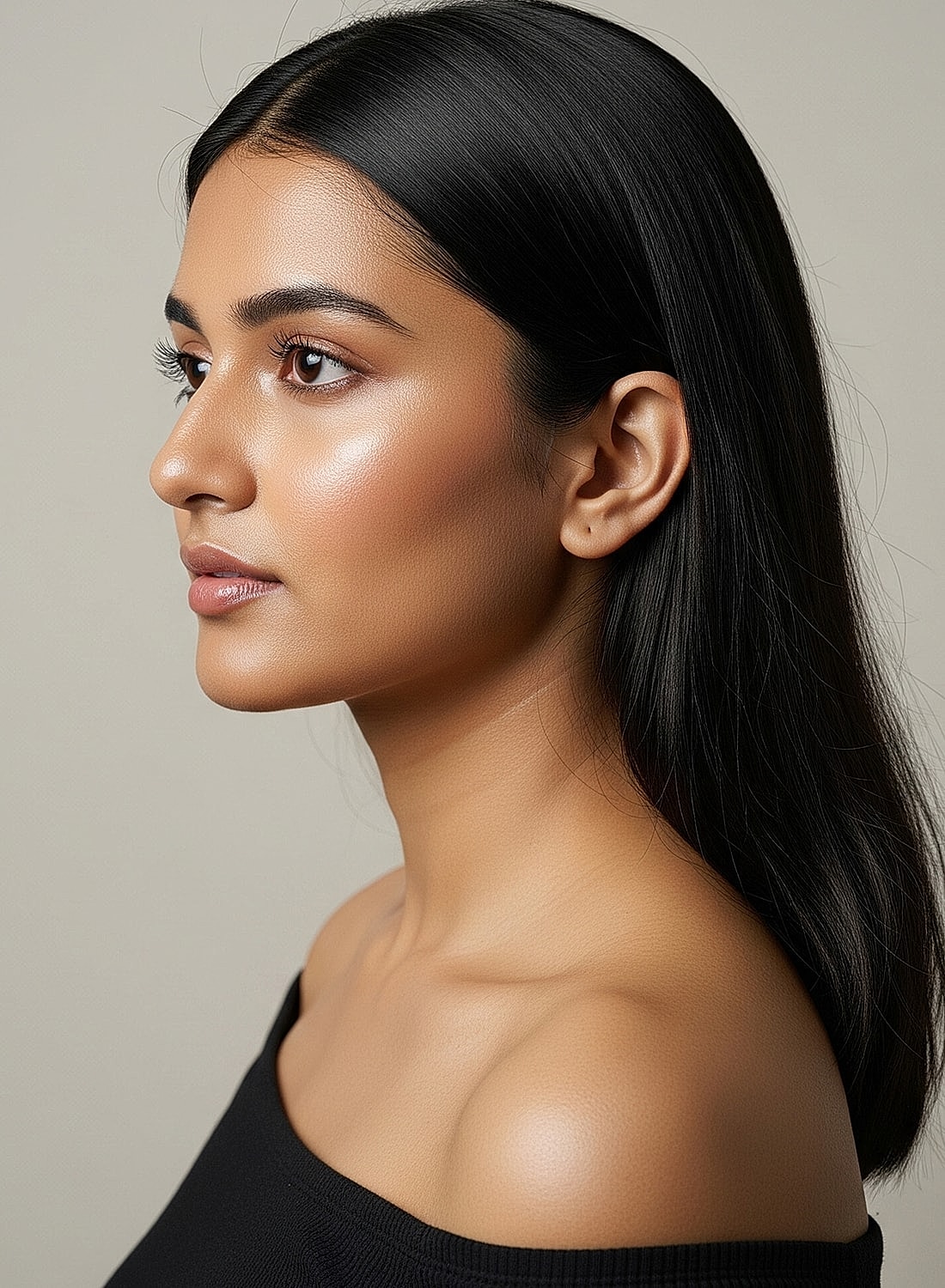 Profile view of a woman with glowing skin.