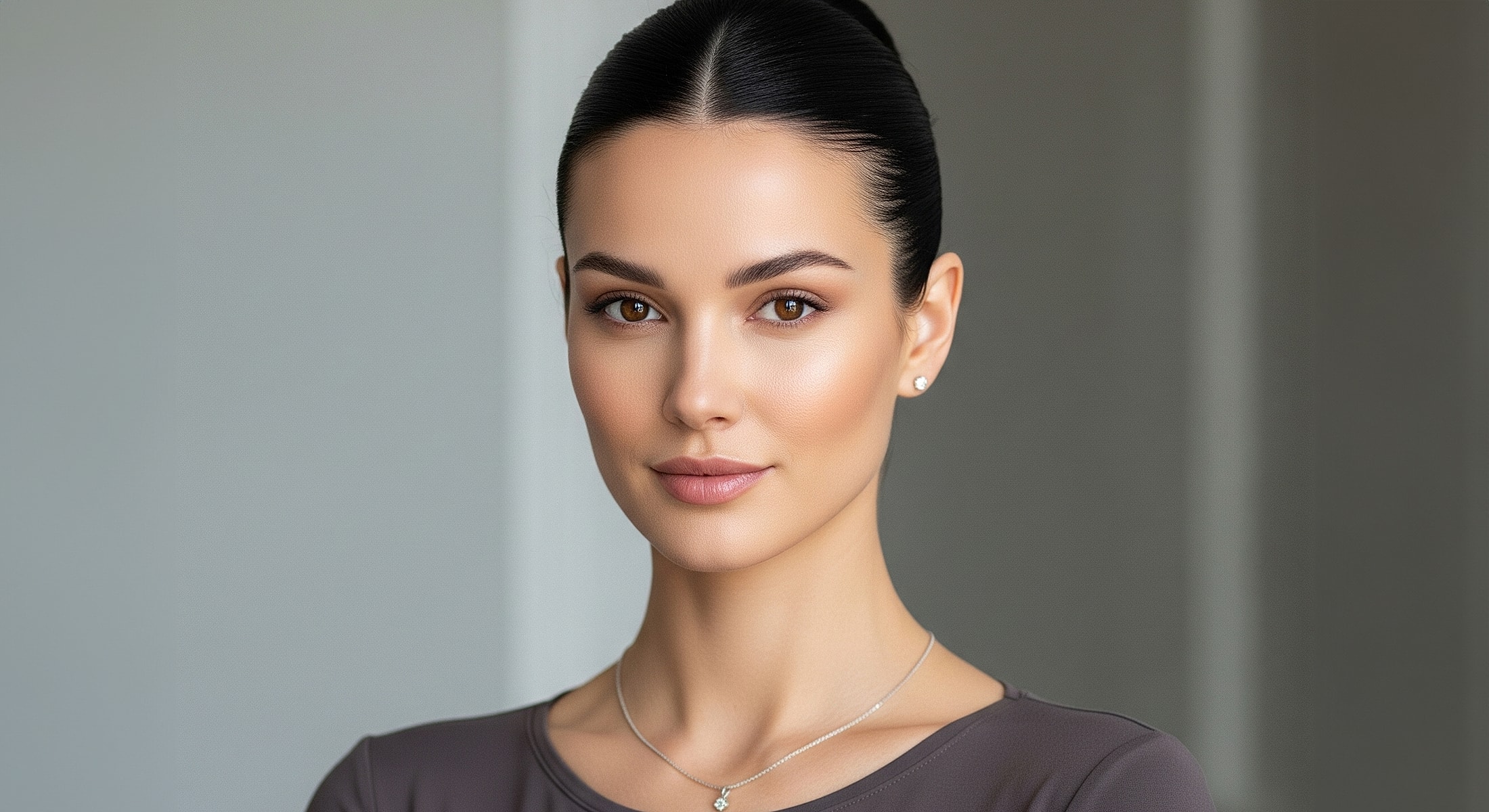 Woman with elegant hairstyle and natural makeup.